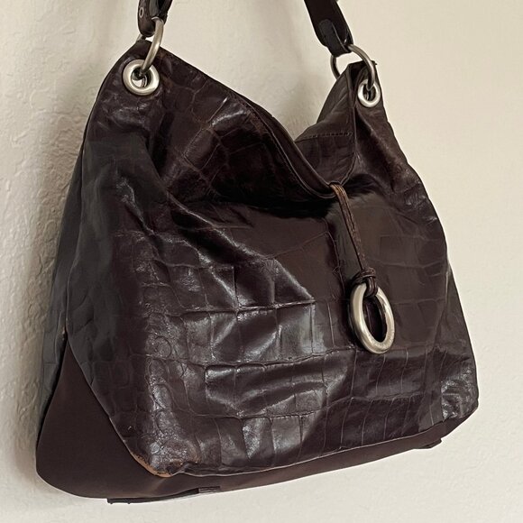 Franco Sarto Distressed Vegan Brown Glazed Embossed Croc Hobo Sholder Handbag - Picture 4 of 16